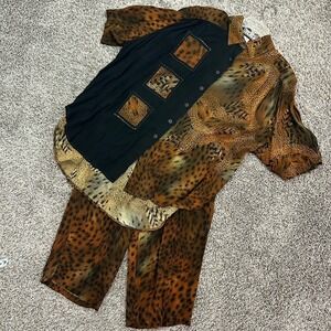 Bop Rayon Set Button Up Pants Top 1X Animal Print Beaded Relaxed Art Resortwear